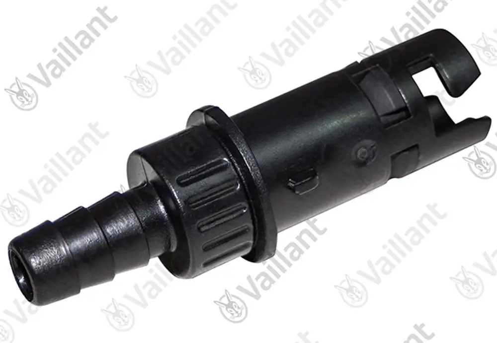 Vaillant Rückflussverhinderer, schwarzes Kunststoffteil mit Anschluss für Wasserleitung und Clip zur Befestigung, für den Einsatz in Heizungsanlagen.